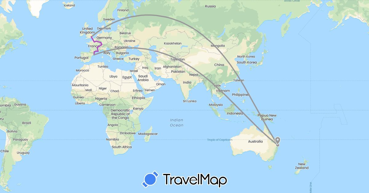TravelMap itinerary: driving, plane, train in Australia, Switzerland, Spain, France, United Kingdom (Europe, Oceania)